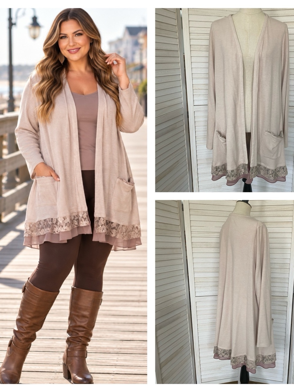 LOGO by Lori Goldstein Open Front Ribbed Cardigan with Lace Trim SZ XL